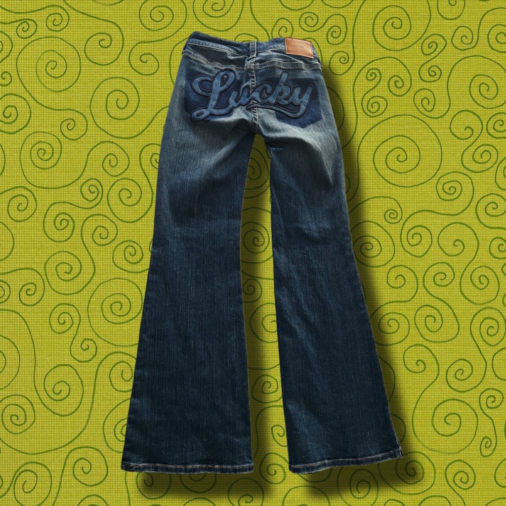 lucky brand dark blue flare jeans (faded wash + embroidered design)! - Picture 2 of 3